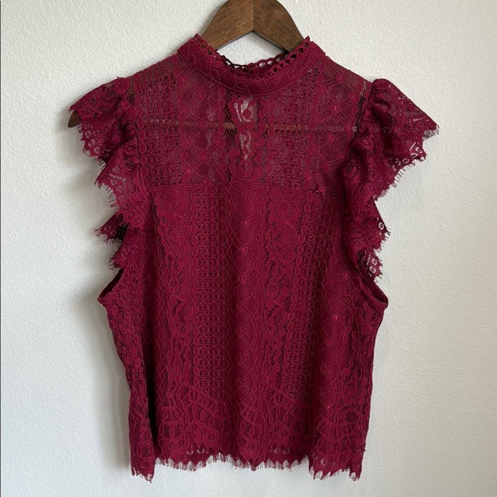 Iris Maroon Lace High Neck Ruffle Cap Sleeve Y2K Top Size M